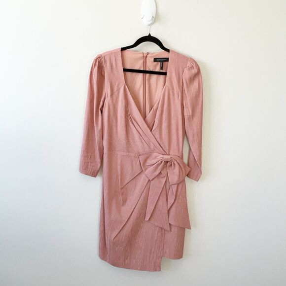 BCBGMAXAZRIA Cameo Faux Wrap Dress Cocktail Pink Bow Detail Coquette Size 6 - Picture 5 of 15